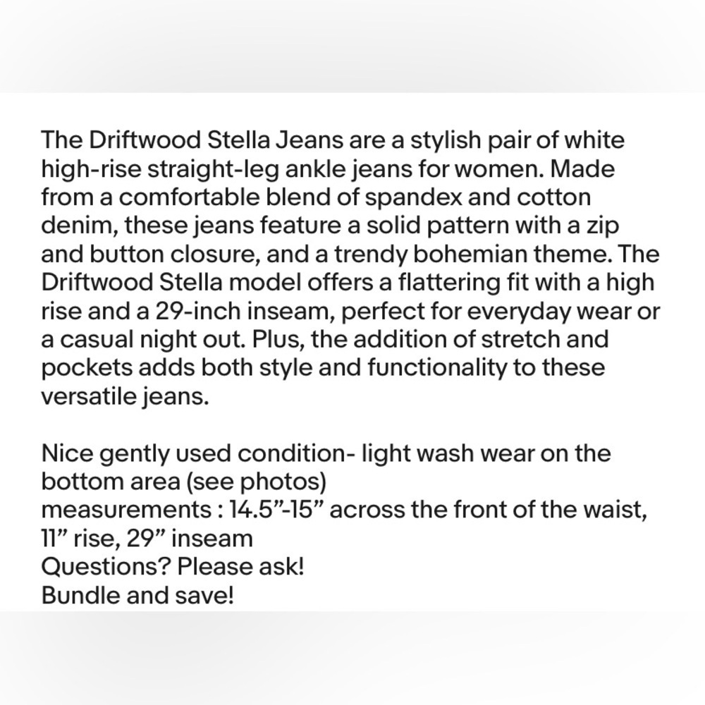 Driftwood Stella Jeans Womens 27" x 29" White High Rise Straight Leg Ankle Boho - Picture 13 of 13